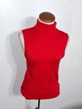 Sleeveless Red Ribbed High Neck Top- W Sz S/M